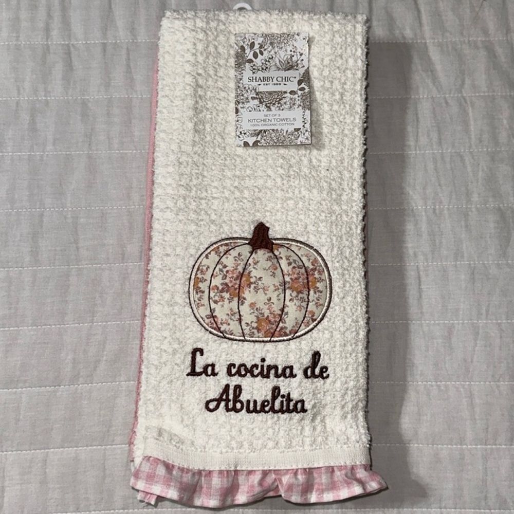 SHABBY CHIC White Pink Gingham Ivory Multi Quilted Pumpkin Ruffle Tea Towel Set